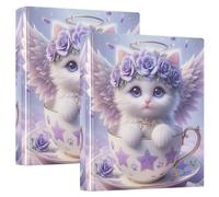 Printed 1.5 Inch 3 Ring Binder, D Ring Binder with Pockets Decorative Binders for School College or Office, Cute Cat Angel Kitten Floral, one sizex2