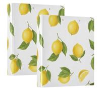 Printed 3 Ring Binder 1.5 Inch, D Ring Binders with Pockets Decorative Binders for School College or Office, Yellow Lemons Green Leaves White