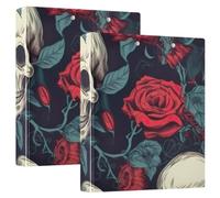 Printed 3 Ring Binder 1.5 Inch, D Ring Binders with Pockets Decorative Binders for School College or Office, Skulls Red Roses Black, one sizex1