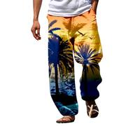 Printed Beach Pants Men, Elasticated Waist 3D Printed Tracksuit Bottoms Beach Walking Jogging Sweatpants Lightweight Wide Leg Trousers Colourful Fashion Jogger Outdoor Pants Yellow