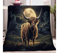 Printed Black Dark Yellow Blanket, Soft Fleece Flannel Throw Blanket Lightweight Cute Comfy Warm Highland Cow On Dark Windy Moon Bed Blankets for Couch Sofa Bed Office 39 x 55 inch