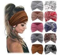 Printed Cross Yoga Headband, Boho Style & Paisley Print Hair Band Women's Wide Elastic Twist Knot Headbands Non-Slip (10pcs-n,M)