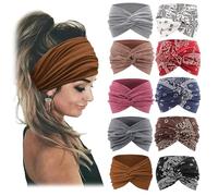 Printed Cross Yoga Headband, Wide Boho Headbands For Women, Criss Cross Head Wrap Hair Band Twisted Hairband, 10 Pack (10Pcs-M,One Size)