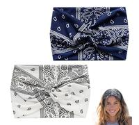 Printed Cross Yoga Headband, Wide Boho Headbands for Women Non Slip Soft Fabric Workout Hair Accessories for Running Fitness Sports(Blue+White)