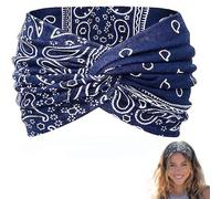 Printed Cross Yoga Headband, Wide Boho Headbands for Women Non Slip Soft Fabric Workout Hair Accessories for Running Fitness Sports(Blue)