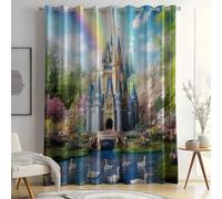 Printed Curtains Eyelet Blackout Castle Garden Swan Soft Thermal Insulated Ring Top 80% Light Blocking Window Drapes Green for Bedroom Living Room W 46" x L 90" (2 Panels)