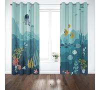 Printed Curtains Eyelet Blackout Room Sharks Underwater World Ocean Animal Fish Pattern Light Blocking Window Drapes for Kids Bedroom Living Room Curtain 2 Panels(W75cm (29.5") x D166cm (65"))