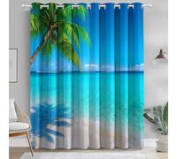 Printed Curtains, Seaside Tropical Beach 100% Full Blackout Curtain Panels Blue Green Darkening Thermal Insulated Drapes for Bedroom Living Room Home Decor W 46" x L 90" (2 Panels)
