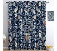 Printed Curtains, William Morris Style Strawberry Birds 100% Full Blackout Curtain Panels Navy Blue White Darkening Thermal Insulated Drapes for Bedroom Living Room W 46" x L 72" (2 Panels)