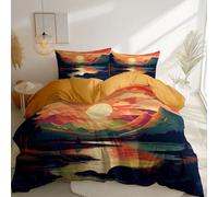 Printed Duvet Cover 200 x 200 cm 3 Piece Set Mustard Yellow Printed Reversible 100% Microfiber with Zipper Closure Bedding Set - Easy Care Lines Mountains Sunset Theme Duvet Cover