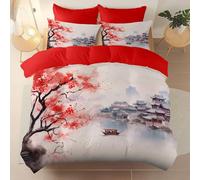 Printed duvet cover 200 x 200 cm, Red Bedding Set Microfiber 3pcs with 2 pillowcases - Ancient Buildings Boats Flowers Theme Quilt Cover Sets All Season Bedding Soft Easy Care And Anti-Pilling