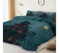 Printed Duvet Cover 260 x 220 cm 3 Piece Set, Green Printed Reversible 100% Microfiber with Zipper Closure and 4 Corner Ties Bedding Set - Easy Care Movie Japanese Temple Theme Duvet Cover