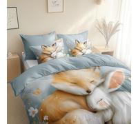 Printed Duvet Cover Cartoon Style Fox Rabbit, Ultra Soft Brushed Microfiber Super King Size 260 x 220 cm, Comfy Breathable Quilt Cover Grey, With Pillowcases, for All Season