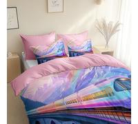 Printed Duvet Cover Illustration Style Train Mountains, Ultra Soft Brushed Microfiber Super King Size 260 x 220 cm, Comfy Breathable Quilt Cover Pink, With Pillowcases, for All Season
