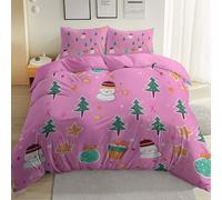 Printed Duvet Cover Pink Brushed Microfiber Bedding Sets - Soft Thick Queen Quilt Covers with 2 Pillow Shams, Holidays Christmas Tree Snowman Gifts Reversible Printed Comforter Cover