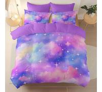 Printed Duvet Cover Purple Brushed Microfiber Bedding Sets - Soft Thick King Quilt Covers with 2 Pillow Shams, Dream Starry Sky Clouds Reversible Printed Comforter Cover