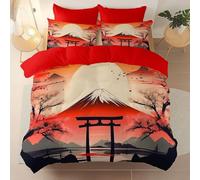 Printed Duvet Cover Red Brushed Microfiber Bedding Sets - Soft Thick Double Quilt Covers with 2 Pillow Shams, Traditional Japanese Style Cherry Blossoms Gate Reversible Printed Comforter Cover