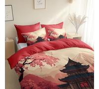 Printed Duvet Cover Retro Style Architectural Temple, Ultra Soft Brushed Microfiber Double Size 200 x 200 cm, Comfy Breathable Quilt Cover Coral Pink, With Pillowcases, for All Season