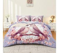 Printed Duvet Cover Set Beautiful Cherry Blossoms Birds Cover Bedding Sets - Soft, Pink Purple Thick Anti-Allergy 3PCS Quilt Covers with 135 × 200