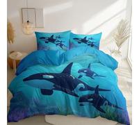 Printed Duvet Cover Set Blue - Ultra Soft Printed Bedding Set King - 1 Duvet Cover & 2 Pillow Case - Brushed Microfiber Cartoon Sea Killer Whale Comforter Cover Set