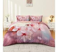 Printed Duvet Cover Set, Cherry Blossom Branches Japanese Style Fresh Comforter Cover Bedding Soft, 3PCS Quilt Covers Pink Digital Printed Soft & Breathable Luxury Bedding Single