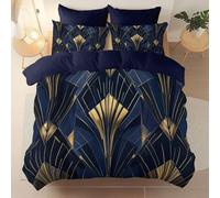 Printed Duvet Cover Set Geometry Gold Art Deco 100% Polyester Breathable Stylish Comforter Reversible Quilted Bedding Navy Blue Gold Bed Sets Soft Microfiber, Wrinkle 260 x 220 cm
