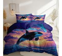 Printed Duvet Cover Set Purple - Ultra Soft Printed Bedding Set Queen - 1 Duvet Cover & 2 Pillow Case - Brushed Microfiber Fantasy Clouds Killer Whales Comforter Cover Set