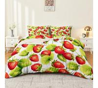 Printed Duvet Cover Set Sweet Strawberry Green Leaves Cover Bedding Sets - Soft, Red Green Thick Anti-Allergy 3PCS Quilt Covers with Pillow Shams 135 × 200