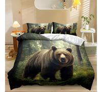 Printed Duvet Cover Sets 3 pcs Forest Background Realistic Bear Double Premium Microfibre Printed Duvet Cover Sets Green Bedding Sets With 2 Pillowcases