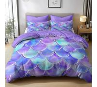 Printed Duvet Cover Sets Watercolor Mermaid Scales, Reversible Lavender Bedding Bed Set 3pcs 200 x 200 cm, Soft Microfiber Lightweight Quilt Cover Bedroom Dorm Decor