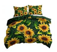 Printed Duvet Cover Sets Watercolor Plant Sunflower, Reversible Dark Green Bedding Bed Set 3pcs 135 x 200 cm, Soft Microfiber Lightweight Quilt Cover Bedroom Dorm Decor