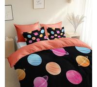 Printed Duvet Cover Space Theme Planets Stars, Ultra Soft Brushed Microfiber Super King Size 260 x 220 cm, Comfy Breathable Quilt Cover Retro Pink, With Pillowcases, for All Season