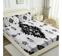 Printed Fitted Sheet, Geometric Tribal Arrows theme Soft Elasticity Wrinkle Resistant Black White Fitted Sheet - 71" x 79" for Single Double King Brushed Microfiber Bedding