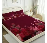 Printed Fitted Sheet, Romance Roses Flowers theme Soft Elasticity Wrinkle Resistant Wine Red Pink Fitted Sheet - 59" x 79" for Single Double King Brushed Microfiber Bedding