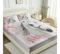 Printed Fitted Sheet, Watercolor White Horse Cherry Blossoms theme Soft Elasticity Wrinkle Resistant White Pink Fitted Sheet - 35" x 75" for Single Double King Brushed Microfiber Bedding