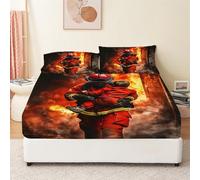 Printed Fitted Sheets 3 Pieces Red Printed Single Size Fitted Sheet Polyester Firefighter rescuing child danger 30cm/12” Extra Deep Fitted Bed Sheets with Pillow cases 2 Pack