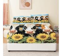 Printed Fitted Super King Sheets Deep Fitted Bed Sheets Colorful Sunflowers Cows Machine Washable 30cm 12” Extra Deep Fitted Bed Sheets Color