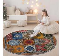 Printed Flannel Round Rug 150 cm - Geometric Patterns Mosaics Carpets Soft Circle Carpet, Washable Non-Slip Area Rug for Lounge Dining Space or Nursery, Multicolor