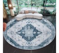 Printed Flannel Round Rug 160 cm - Nostalgia Patterns Geometric Shapes Soft Circle Carpet, Washable Non-Slip Area Rug for Lounge Dining Space or Nursery, Blue