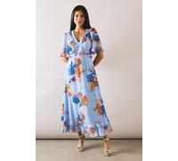Printed Floral Ruffle Midaxi Dress Wallis Blue 12
