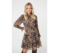 Izabel London Printed Frill Neck Short Dress for Women UK with Frilled tie-Neck, Long Sleeves and Short Length Hem. Beige