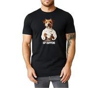 Printed Funny Mens T Shirt in Black with Dog and a Coffee Cup, Sip Happens, 100% Cotton Tshirt, Graphic Tee for Men, Gift Idea for Dog Owner (UK, Alpha, M, Regular, Regular, Black)