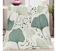 Printed Green and gray Blanket, Soft Fleece Flannel Throw Blanket Lightweight Cute Comfy Warm Line art ginkgo leaf Bed Blankets for Couch Sofa Bed Office 50 x 60 inch