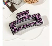 Printed hairpin, shark, temperament, leopard print grab, large summer clip, hair accessories. (8.5Cm printed square - rose powder love black background,A)