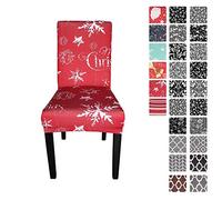 Printed High-Back Chair Covers for Dining Room Chairs - Spandex Stretch, Universal Armless Chair Protective Slipcover for Kitchen, Wedding, Party, Banquet & Hotel, Star & Snowflakes - Red, Pack of 4