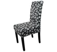 Printed High-Back Chair Covers for Dining Room Chairs - Spandex Stretch, Universal Armless Chair Protective Slipcover for Kitchen, Party, Banquet & Hotel, Floral Tropical Leaves - Black, Pack of 1