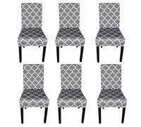 Printed High-Back Chair Covers for Dining Room Chairs - Spandex Stretch, Universal Armless Chair Protective Slipcover for Kitchen, Wedding, Party, Banquet & Hotel, Trellis Pattern - Grey, Pack of 6
