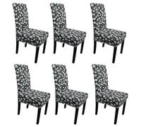 Printed High-Back Chair Covers for Dining Room Chairs - Spandex Stretch, Universal Armless Chair Protective Slipcover for Kitchen, Party, Banquet & Hotel, Floral Tropical Leaves - Black, Pack of 6