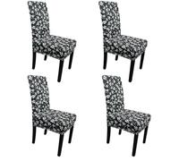 Printed High-Back Chair Covers for Dining Room Chairs - Spandex Stretch, Universal Armless Chair Protective Slipcover for Kitchen, Party, Banquet & Hotel, Floral Tropical Leaves - Black, Pack of 4