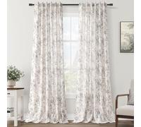 Printed Linen Curtains - 92 inch Length, 2 Panels, Rustic Farmhouse Black Floral Curtains with Cotton Textured Vintage Flower Leaf Pattern, Light Filtering for Living Room